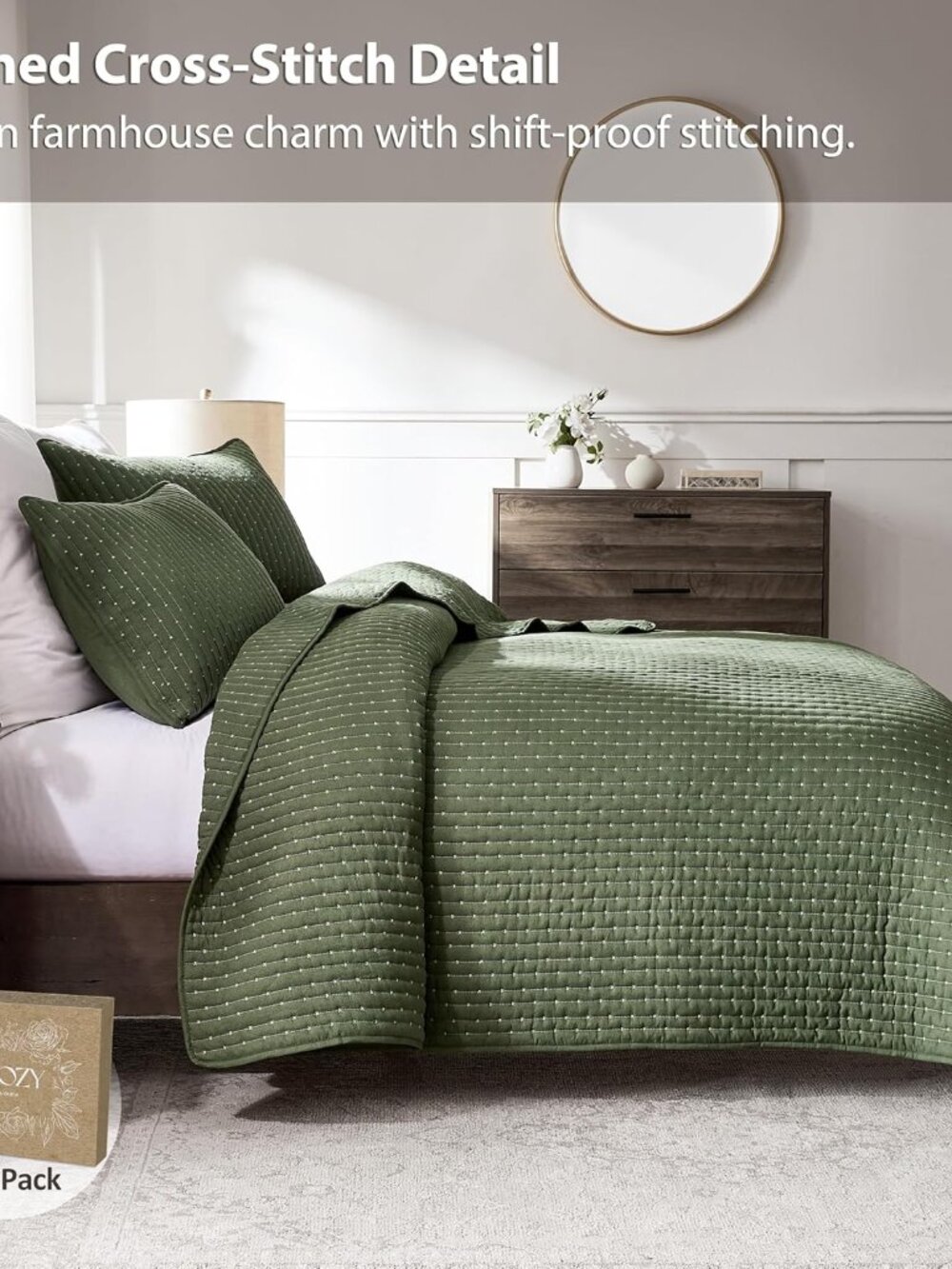 Olive Green Cross Stitch Queen Size Quilt Set, Striped Lightweight Soft Bedsprea - Picture 3 of 9